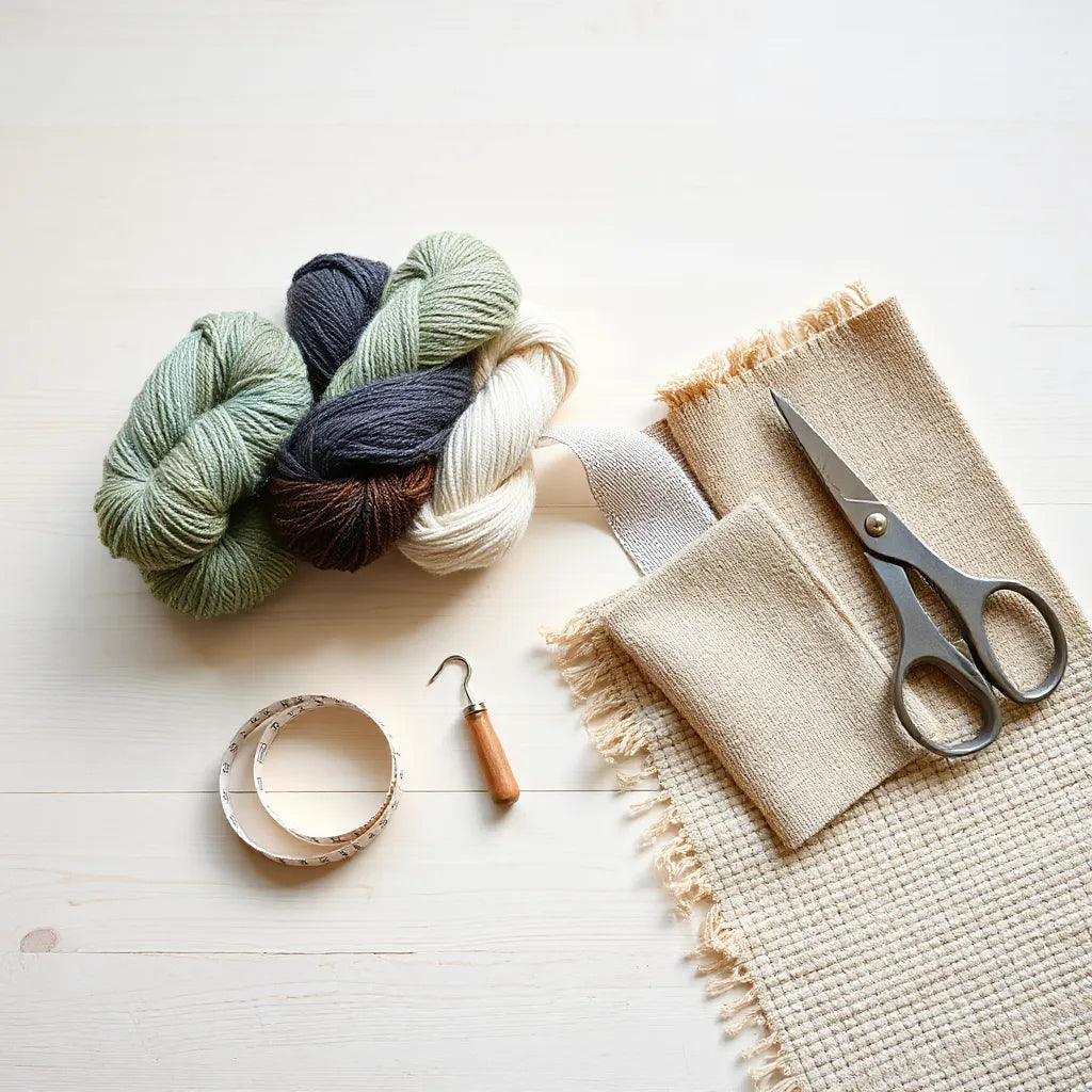 Curated rug supplies kit with yarn, tools, and fabric swatches arranged on a light wood table
