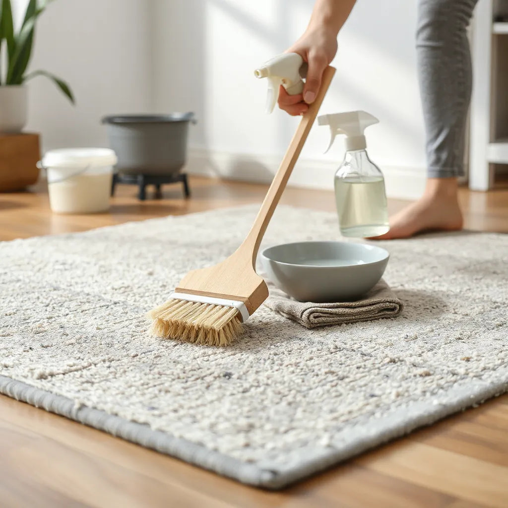Hand scrubbing a rug with a soft brush and microfiber cloth for fresh, deep cleaning