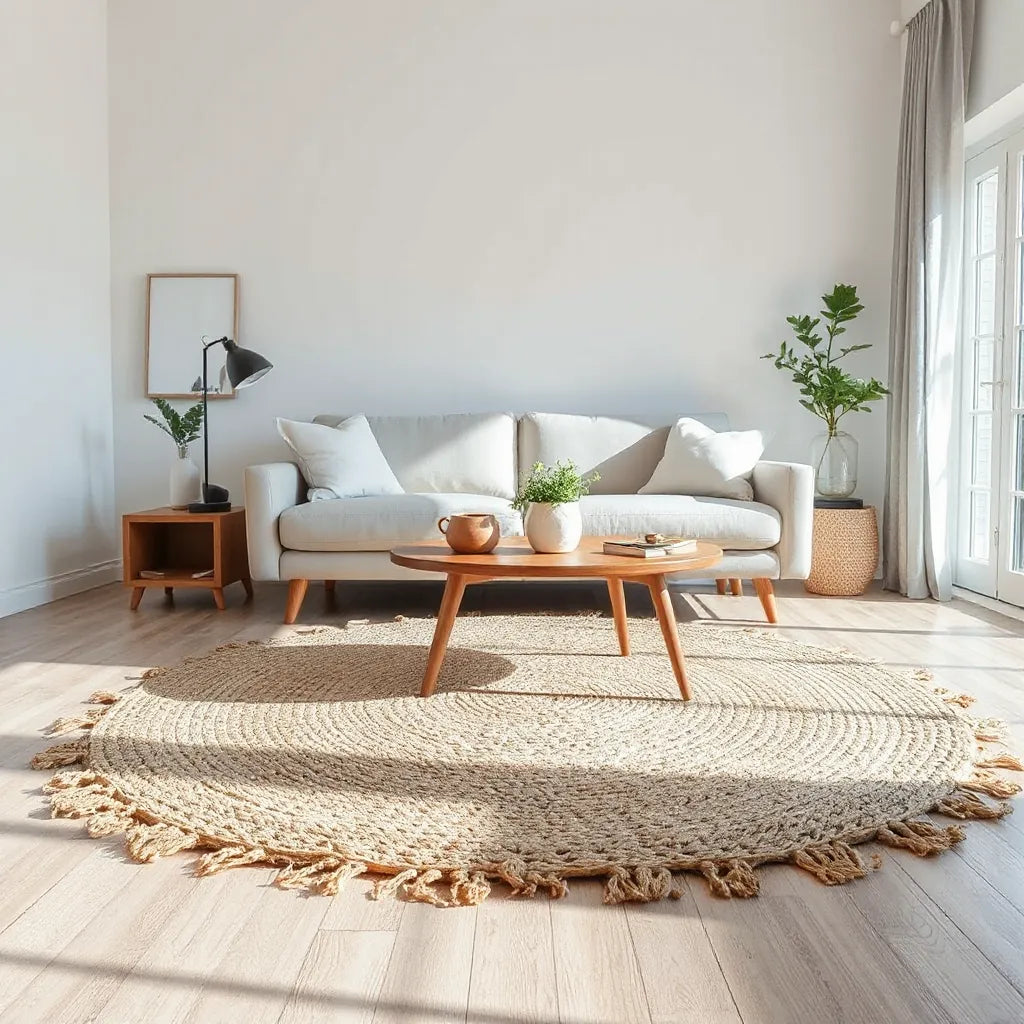 Handcrafted woven rug centered in a bright living room with a sofa and wooden coffee table