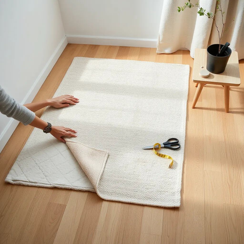 Hands smoothing an area rug on a wooden floor with rug tools neatly arranged nearby