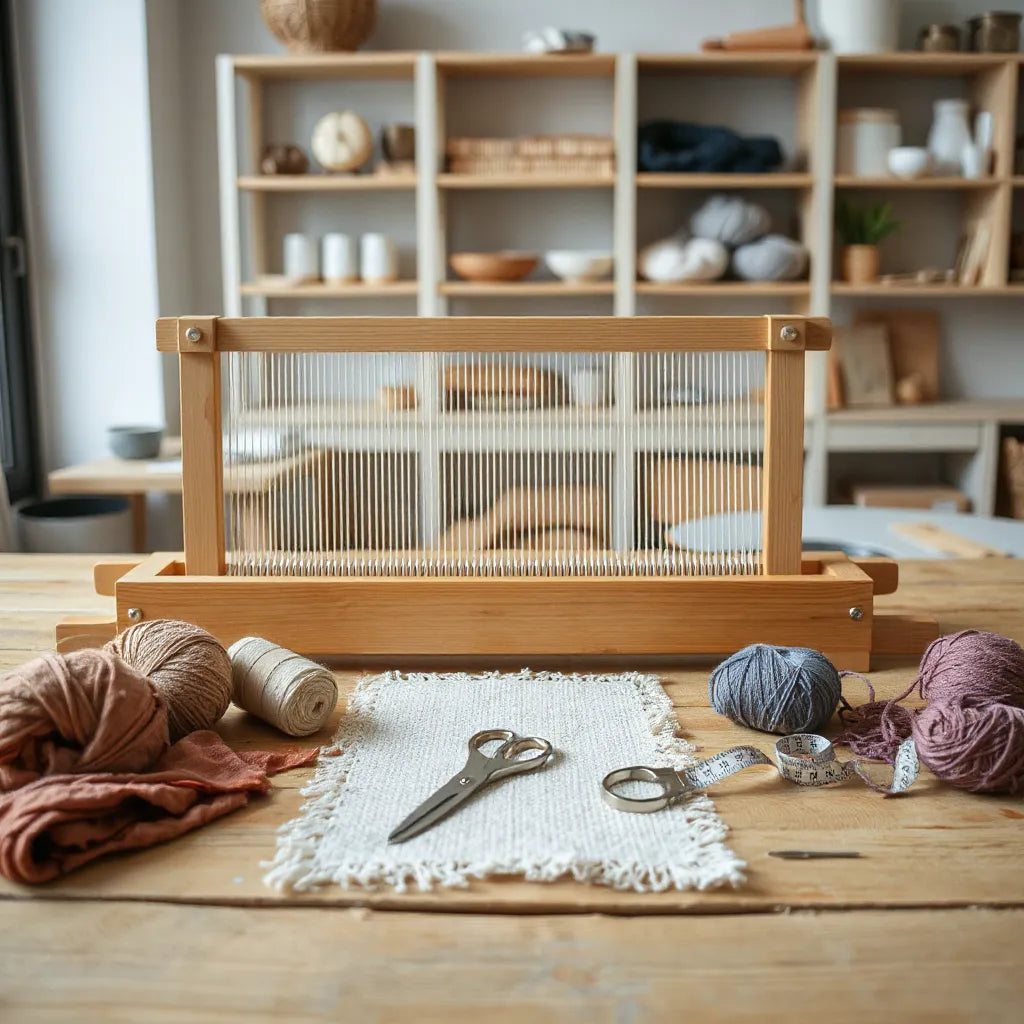 Rug-making tools laid out on a wooden worktable, including a loom, yarn skeins, scissors, and a shuttle.