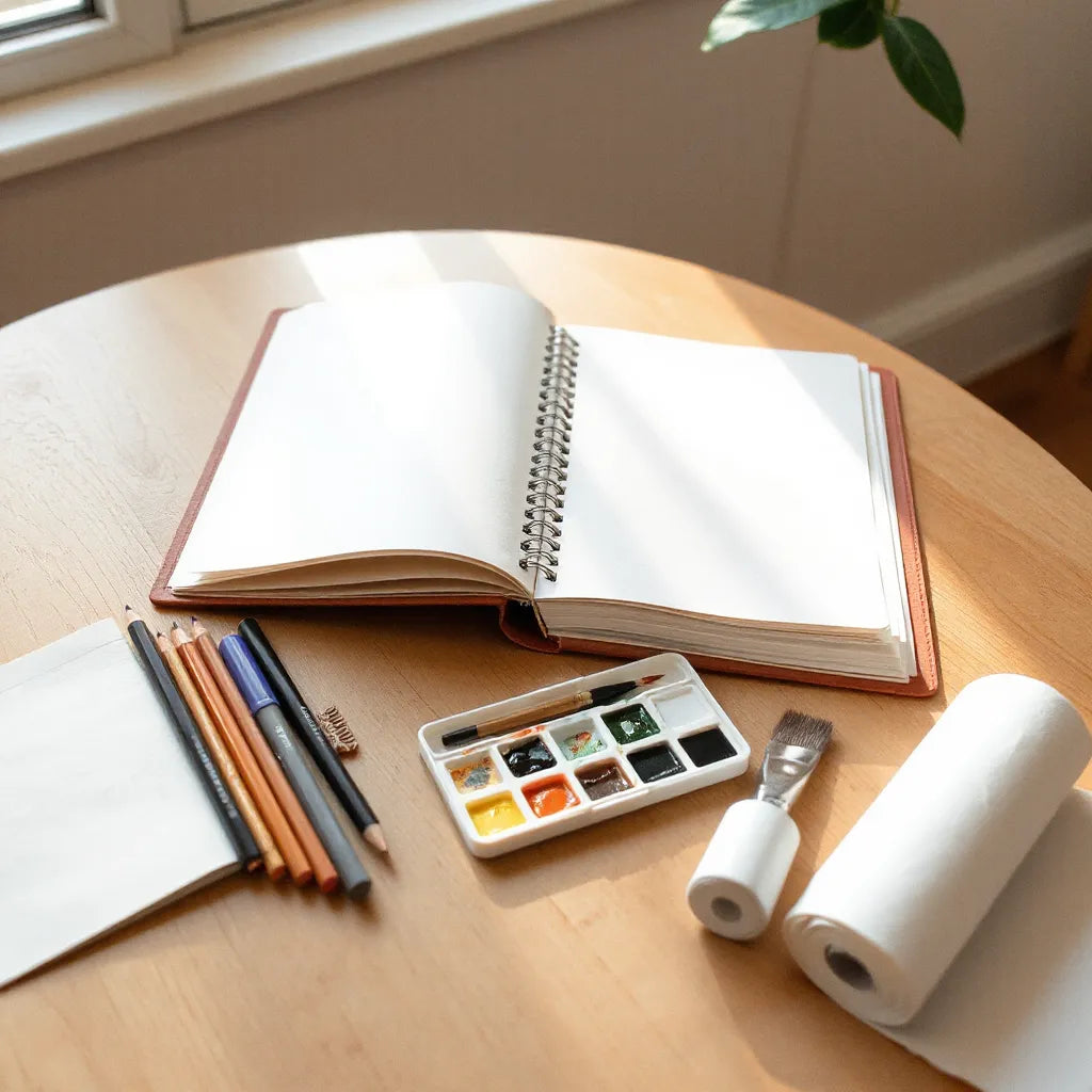 Artist supplies on a wooden table beside an open sketchbook and watercolor tools