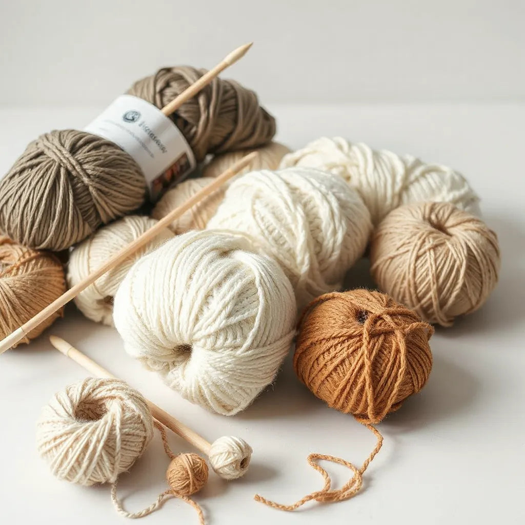 Neatly arranged skeins of premium yarn with knitting needles on a clean tabletop