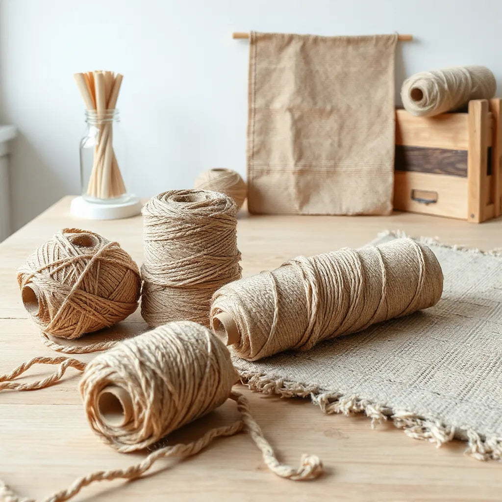 Durable rug making materials on a worktable, including yarn spools, fiber swatches, and a partial rug