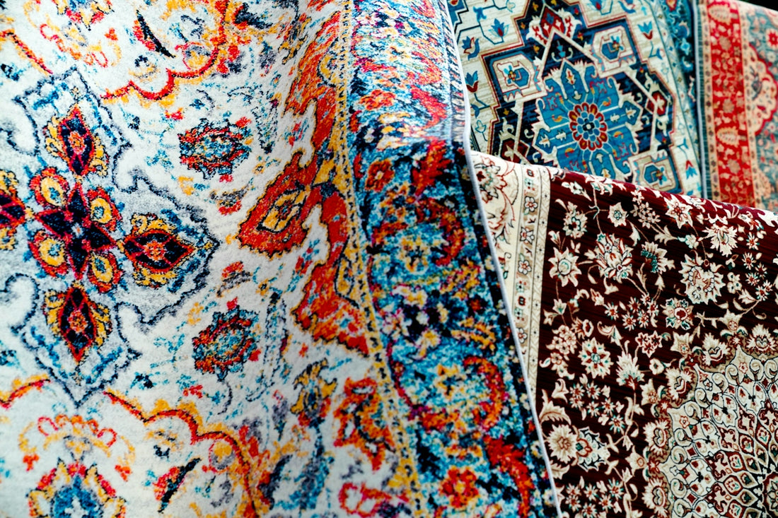 Colorful patterned rugs are on display