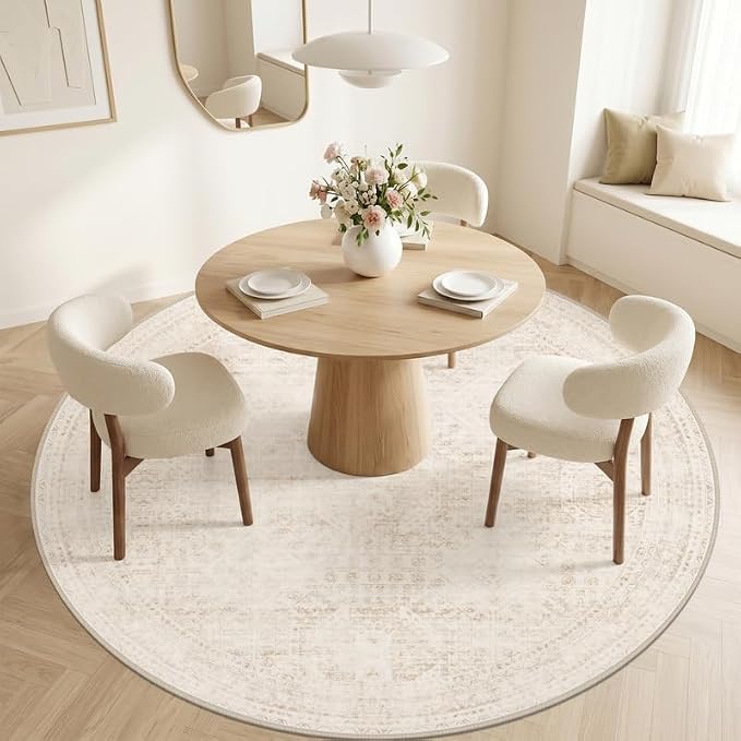 Round Area Rug for Living Room: 6ft Vintage Boho Neutral Washable Circle Rug - Image 2