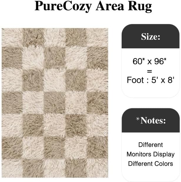 PureCozy Beige 5x8 Area Rugs for Living Room Soft Shag Checkered Large Rug - Image 2
