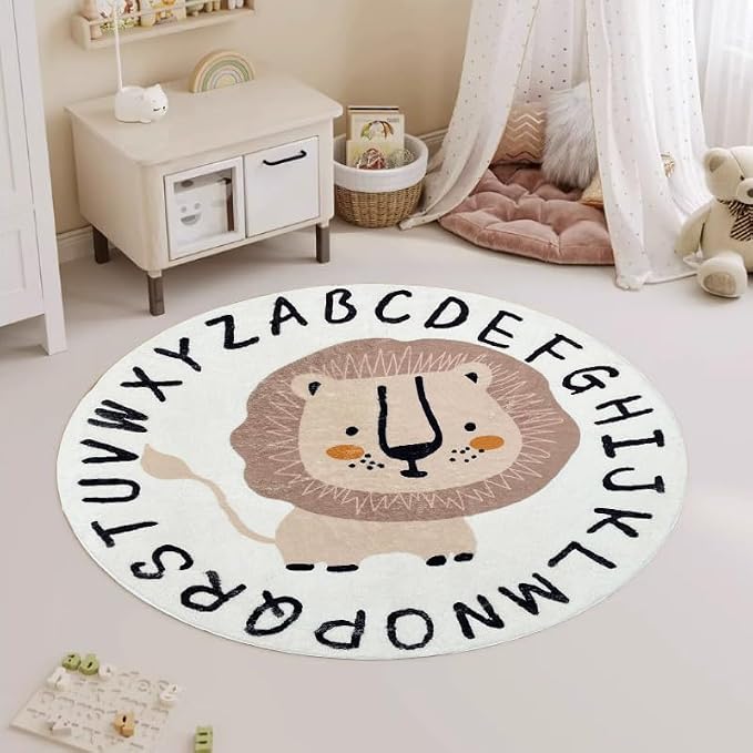Poowe Cute Lion ABC Kids Play Mat Baby Nursery Rug Round Educational Alphabet - Image 4
