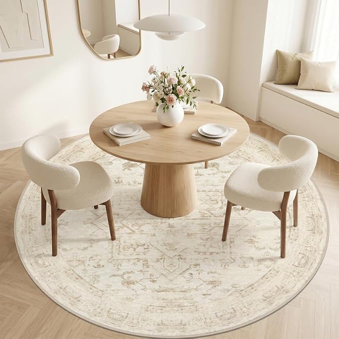 Round Area Rug for Living Room: 6ft Vintage Boho Neutral Washable Circle Rug - Image 2