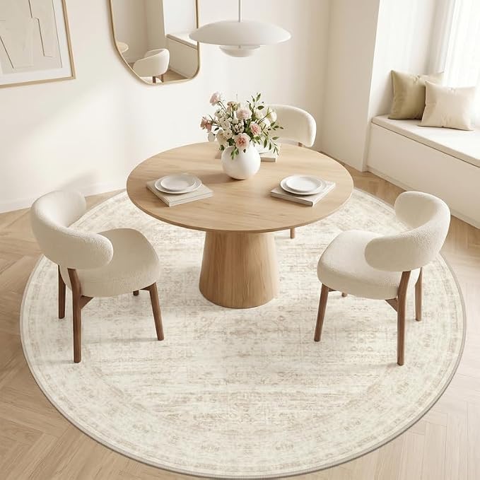 Round Area Rug for Living Room: 6ft Vintage Boho Neutral Washable Circle Rug - Image 2