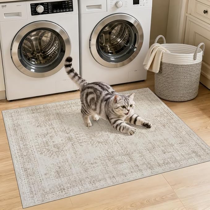 Machine Washable Area Rugs 2x3: Vintage Boho Neutral Washable Rug Indoor Soft - Image 2