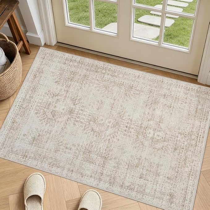 Machine Washable Area Rugs 2x3: Vintage Boho Neutral Washable Rug Indoor Soft by Luxturiy