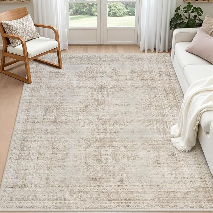 5x7 Area Rugs for Living Room: Vintage Boho Neutral Washable Rug Indoor Soft by Luxturiy