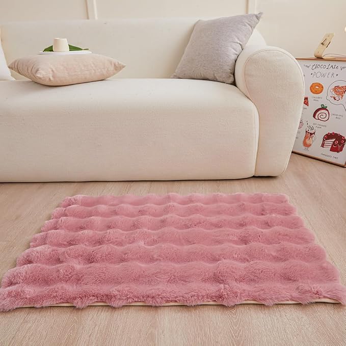 Dusty Rose Rabbit Plush Rug 2'x3', Fluffy Faux Fur Shaggy Area Rug - Image 2