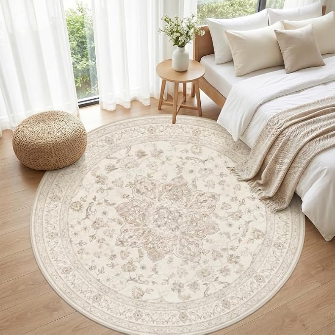 Round Area Rug for Living Room: 8ft Vintage Boho Neutral Washable Circle Rug - Image 4