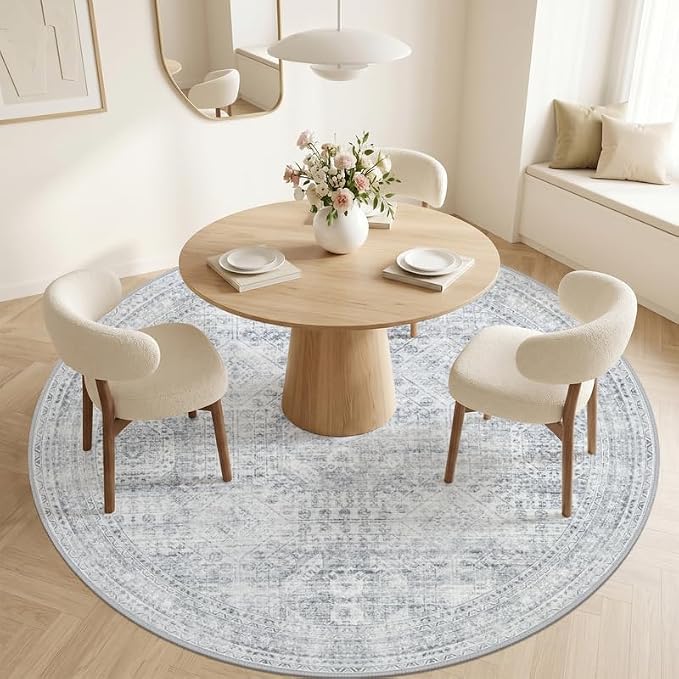 Round Area Rug for Living Room: 8ft Vintage Boho Neutral Washable Circle Rug - Image 2