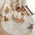 Round Area Rug for Living Room: 8ft Vintage Boho Neutral Washable Circle Rug - Image 3