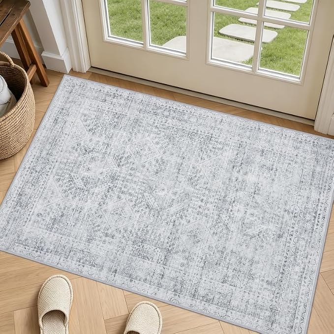 Machine Washable Area Rugs 2x3: Vintage Boho Neutral Washable Rug Indoor Soft by Luxturiy