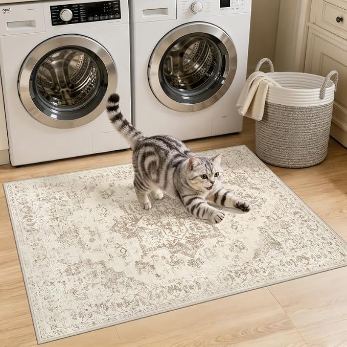 Machine Washable Area Rugs 2x3: Vintage Boho Neutral Washable Rug Indoor Soft - Image 2