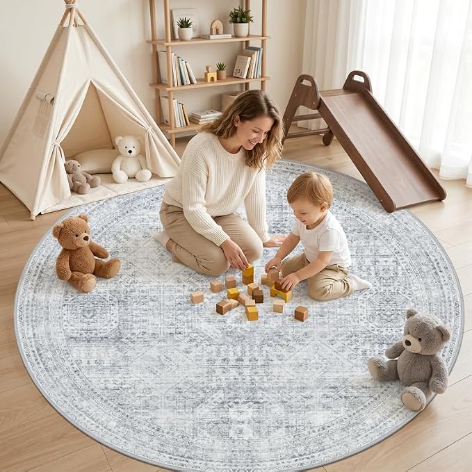Round Area Rug for Living Room: 8ft Vintage Boho Neutral Washable Circle Rug - Image 3