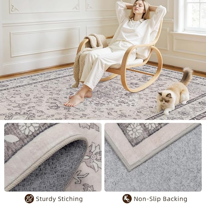 10x14 Area Rug for Living Room: Vintage Boho Neutral Washable Rug Indoor Soft - Image 4