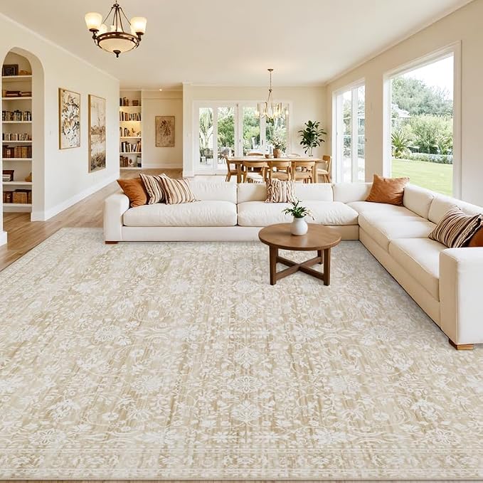 10x12 Area Rug for Living Room: Vintage Boho Neutral Washable Rug Indoor Soft by Luxturiy