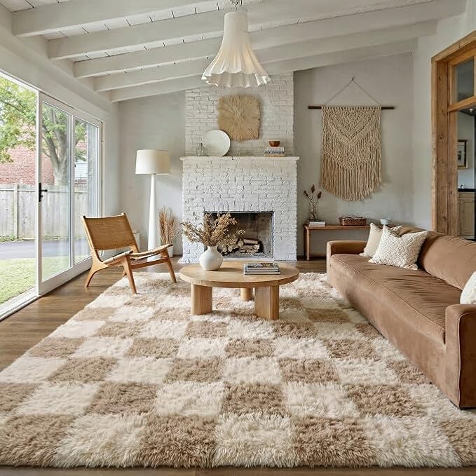 PureCozy Beige 9x12 Area Rugs for Living Room Soft Shag Checkered Large Rug by PureCozy