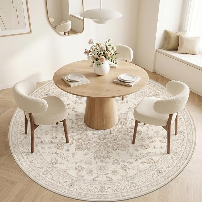 Round Area Rug for Living Room: 6ft Vintage Boho Neutral Washable Circle Rug - Image 2