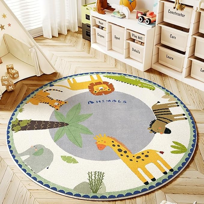 Poowe Cute Animals Kids Room Rug, 39.4" Round Washable Area Rugs Nursery Carpet by Poowe