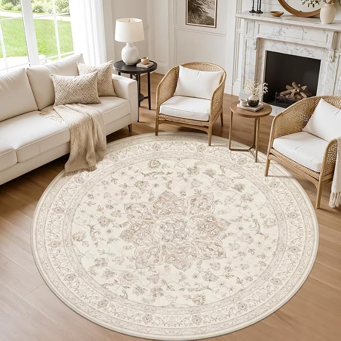 Round Area Rug for Living Room: 8ft Vintage Boho Neutral Washable Circle Rug by Luxturiy