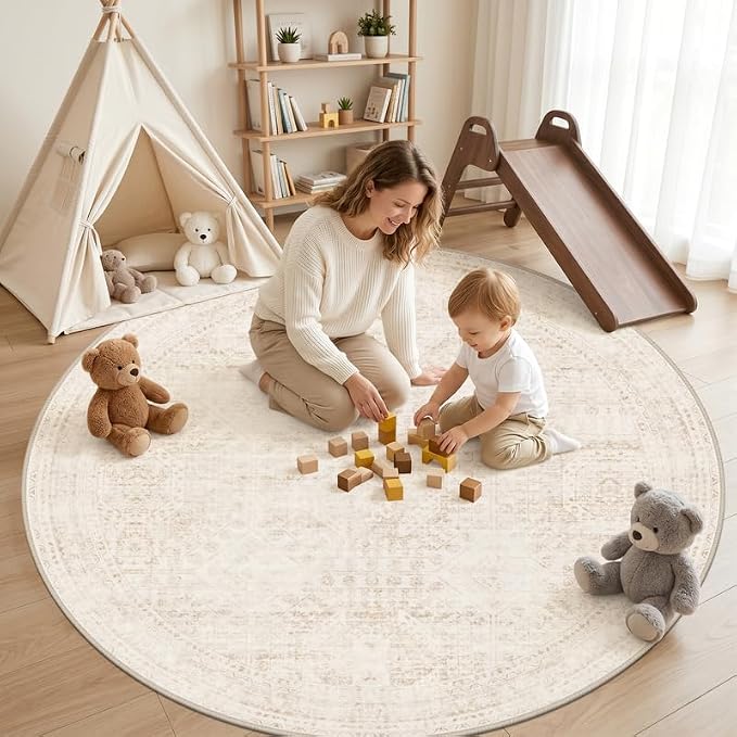 Round Area Rug for Living Room: 6ft Vintage Boho Neutral Washable Circle Rug - Image 3