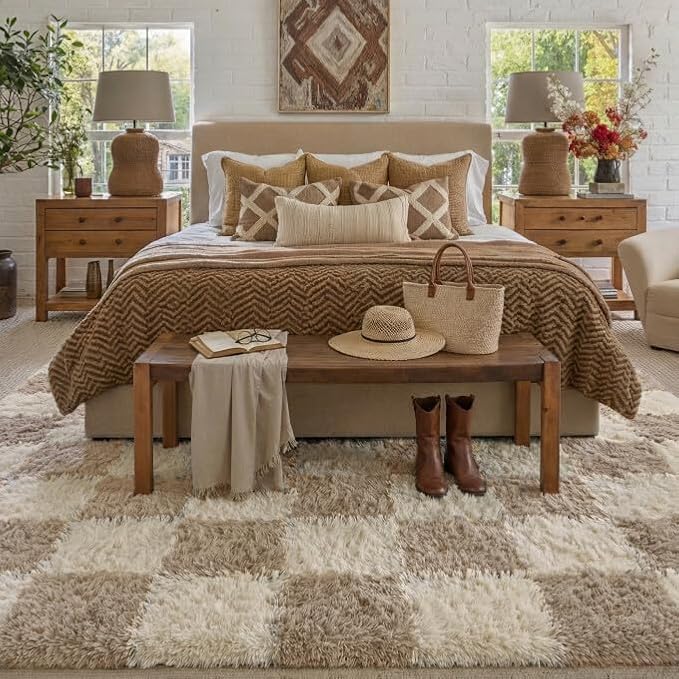 PureCozy Beige 9x12 Area Rugs for Living Room Soft Shag Checkered Large Rug - Image 3