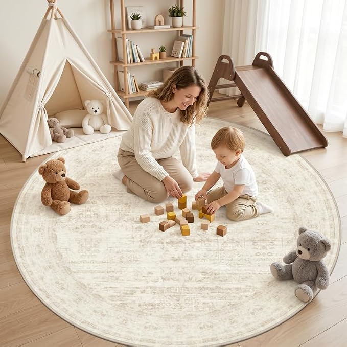 Round Area Rug for Living Room: 6ft Vintage Boho Neutral Washable Circle Rug - Image 3