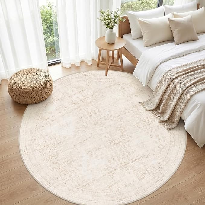 Round Area Rug for Living Room: 6ft Vintage Boho Neutral Washable Circle Rug - Image 4