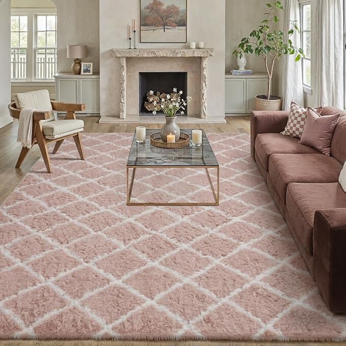 PureCozy 8x10 Checkered Rug for Living Room Pink and White Modern Soft Area Rug by PureCozy