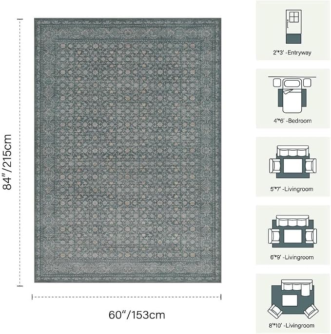 Area Rugs 5x7, Washable Rugs for Living Room, Vintage Boho Light Blue Rug for - Image 2