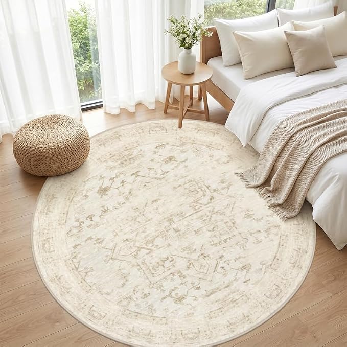 Round Area Rug for Living Room: 6ft Vintage Boho Neutral Washable Circle Rug - Image 4