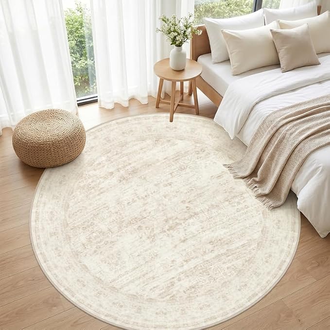 Round Area Rug for Living Room: 6ft Vintage Boho Neutral Washable Circle Rug - Image 4