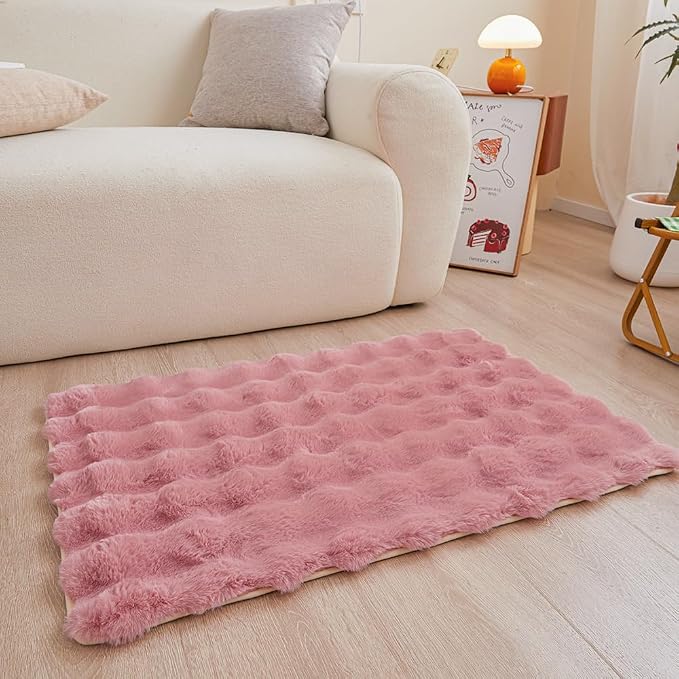 Dusty Rose Rabbit Plush Rug 2'x3', Fluffy Faux Fur Shaggy Area Rug by CHOVY