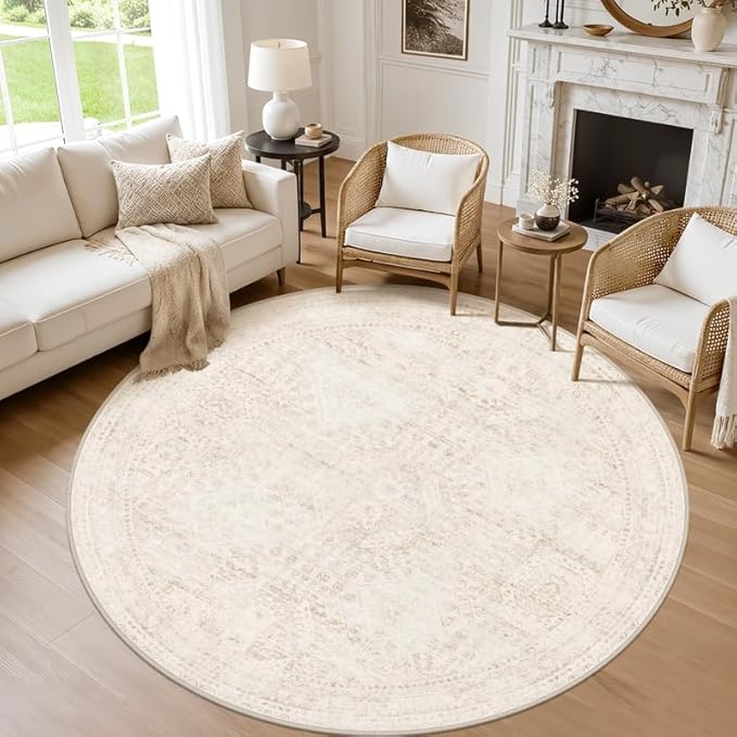 Round Area Rug for Living Room: 6ft Vintage Boho Neutral Washable Circle Rug by Luxturiy