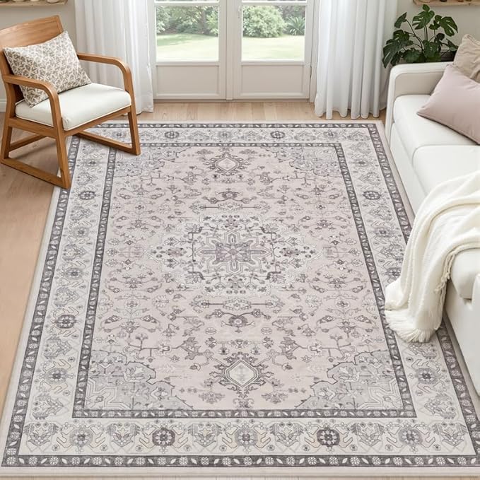 5x7 Area Rugs for Living Room: Vintage Boho Neutral Washable Rug Indoor Soft by Luxturiy