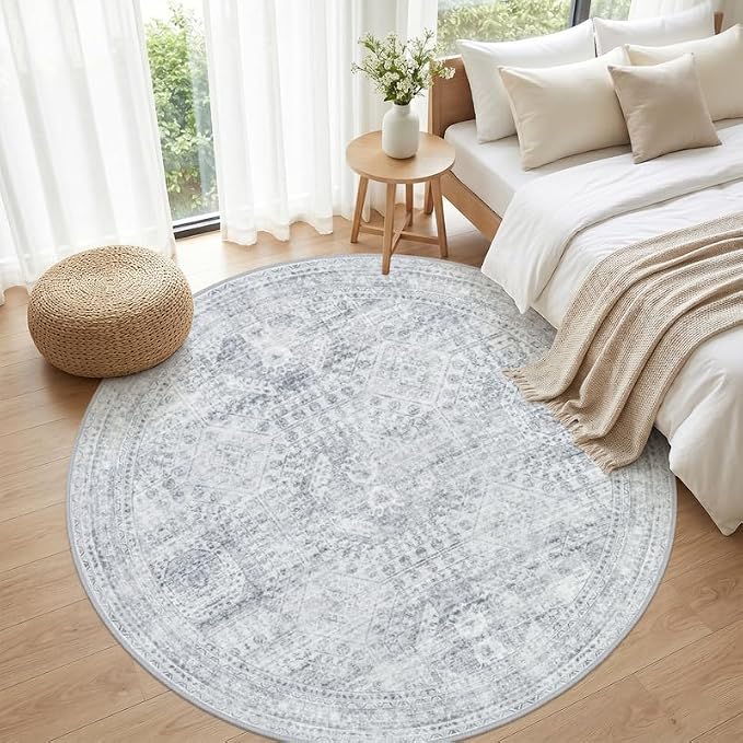 Round Area Rug for Living Room: 8ft Vintage Boho Neutral Washable Circle Rug - Image 4