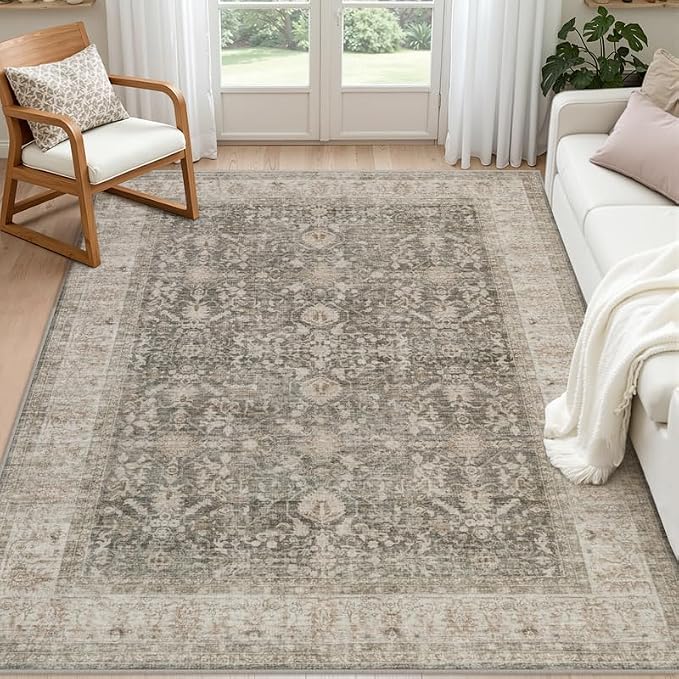 5x7 Area Rugs for Living Room: Vintage Boho Neutral Washable Rug Indoor Soft by Luxturiy