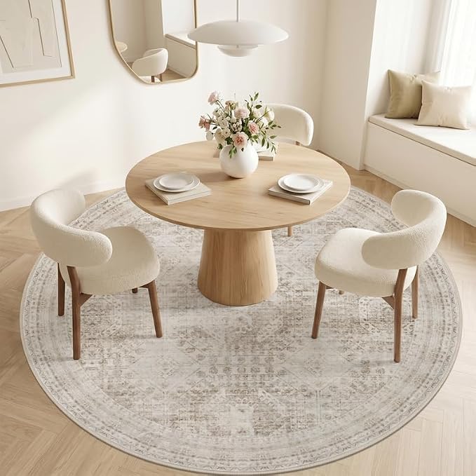 Round Area Rug for Living Room: 8ft Vintage Boho Neutral Washable Circle Rug - Image 2