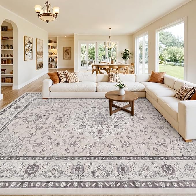 10x14 Area Rug for Living Room: Vintage Boho Neutral Washable Rug Indoor Soft by Luxturiy
