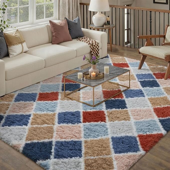PureCozy 6x9 Checkered Rug for Living Room Rainbow Modern Soft Area Rug Fluffy - Image 3