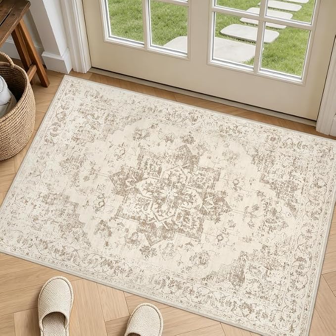 Machine Washable Area Rugs 2x3: Vintage Boho Neutral Washable Rug Indoor Soft by Luxturiy