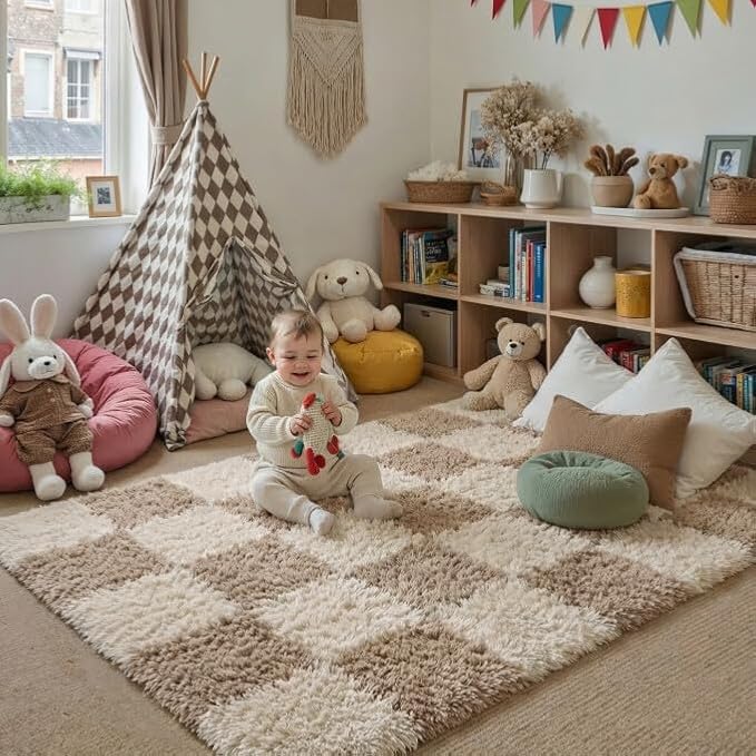 PureCozy Beige 4x6 Area Rugs for Kids Room Soft Shag Checkered Rug Modern - Image 3