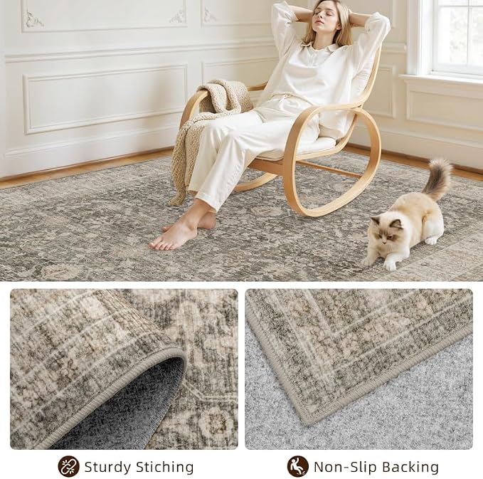 10x12 Area Rug for Living Room: Vintage Boho Neutral Washable Rug Indoor Soft - Image 4