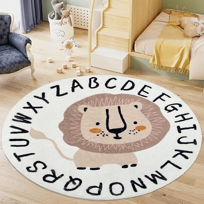 Poowe Cute Lion ABC Kids Play Mat Baby Nursery Rug Round Educational Alphabet - Image 9